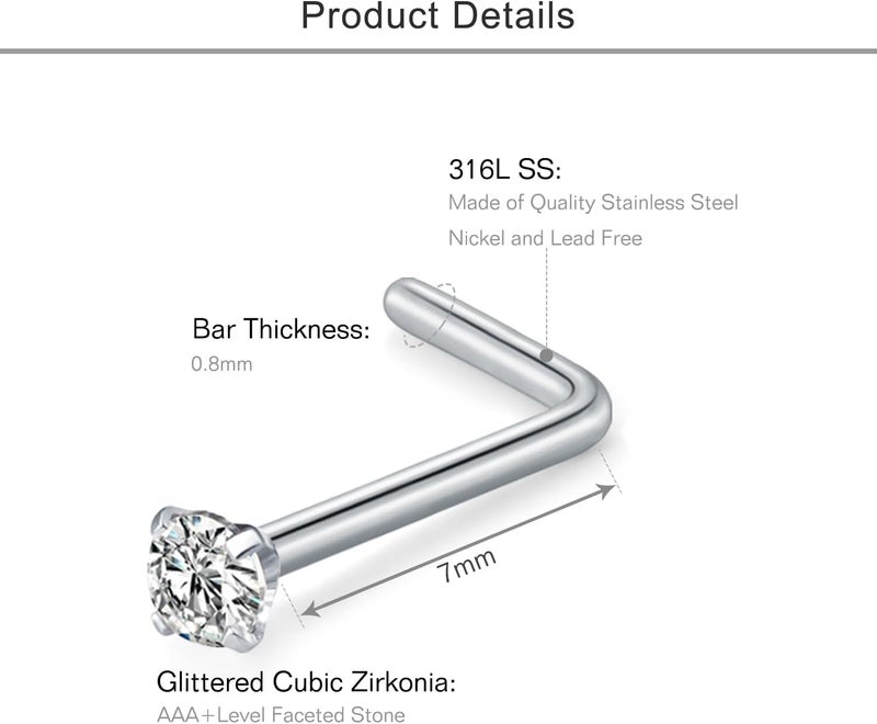 Mayhoop 20G Nose Rings Studs 316L Surgical Stainless Steel L Shape Bone Diamond Heart Corkscrew Nose Ring Nostril Piercing Jewelry For Women Men - Image 3